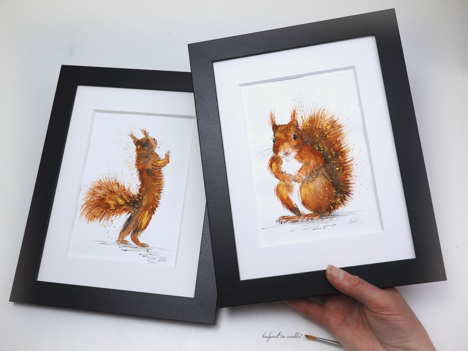 Eichhörnchen-Illustrationen Auguste und August, Aquarelle MIschtechnik, gerahmte handgemalte