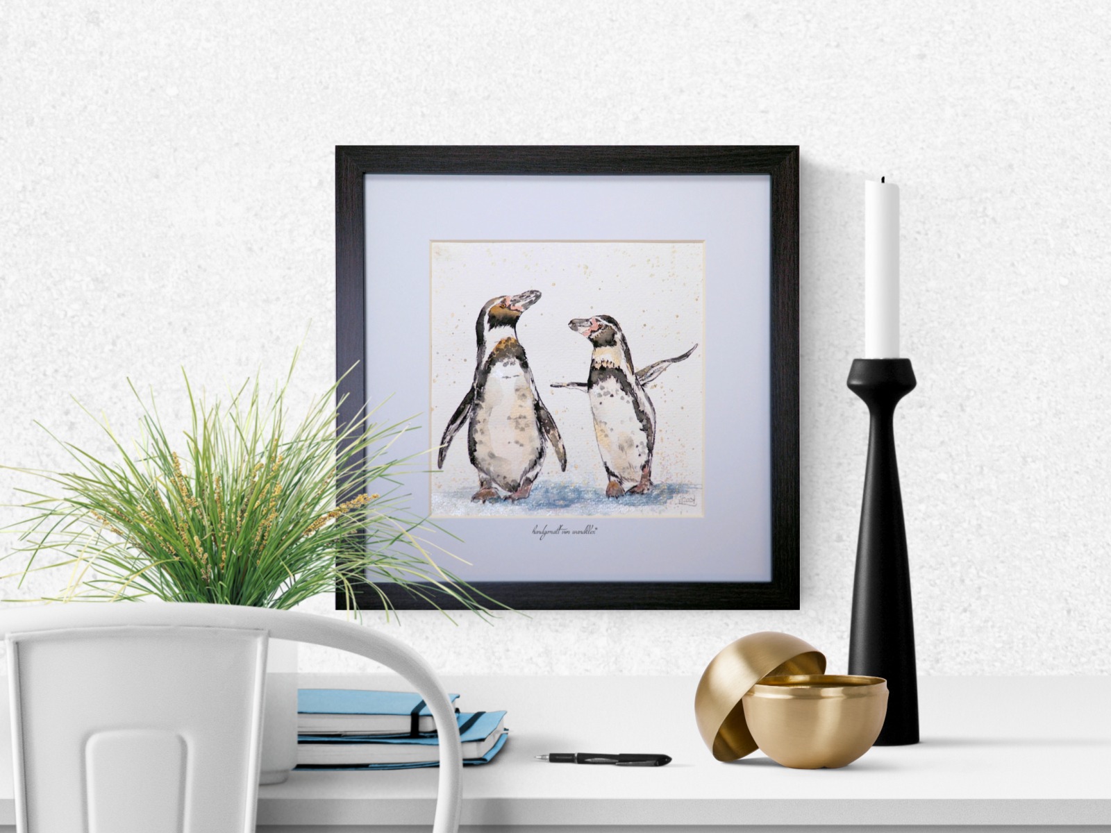 Humboldt Pinguine Aquarell gerahmtes handgemalte Original, Tierbild, Einzelstück, Rahmenfarbe