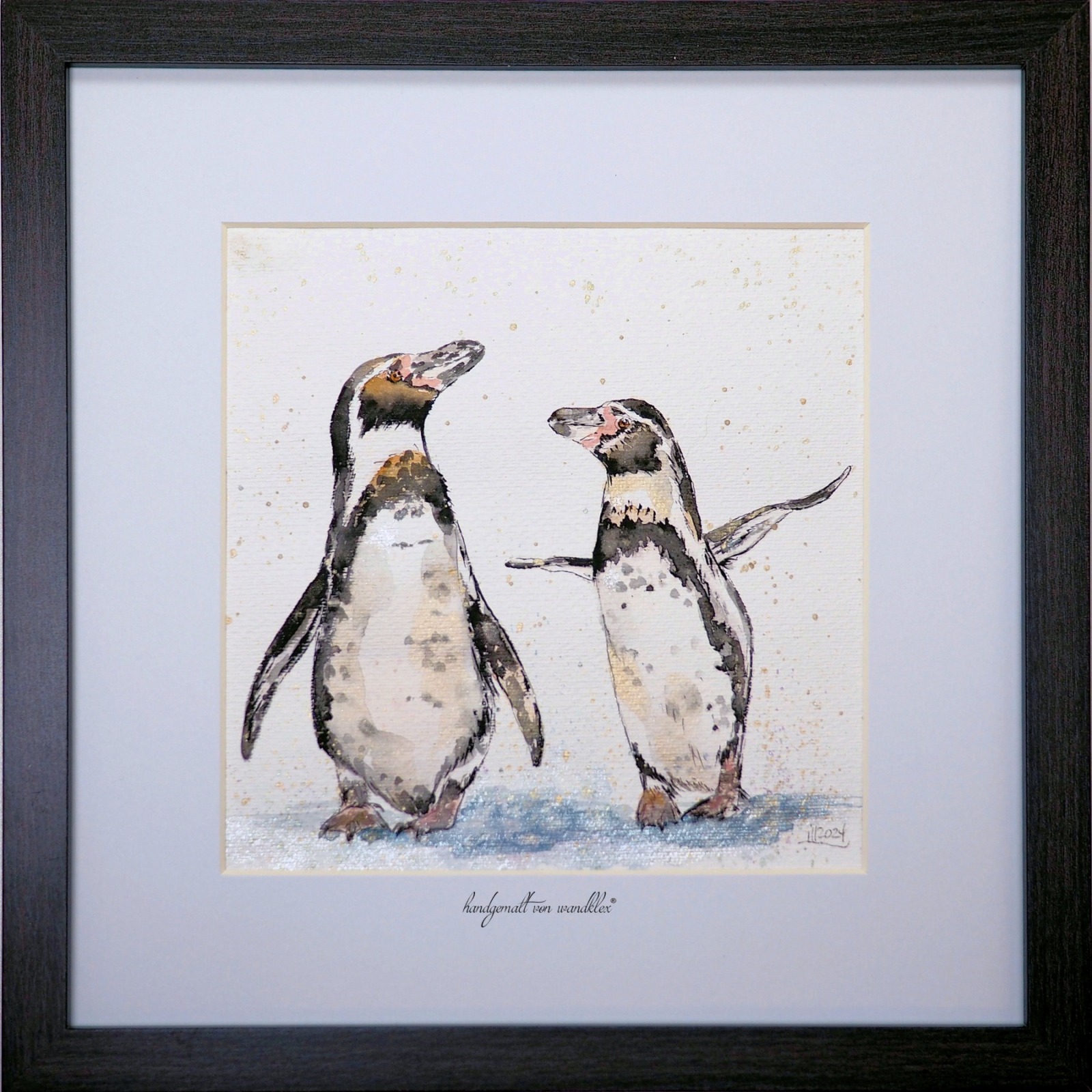 Humboldt Pinguine Aquarell gerahmtes handgemalte Original, Tierbild, Einzelstück, Rahmenfarbe