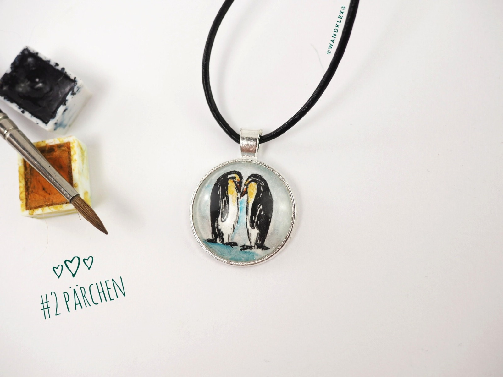 handgemalt Aquarell Pinguin eingearbeitet in Anhänger Edelstahl oder Echt 925 Sterling Silber Halskette 9