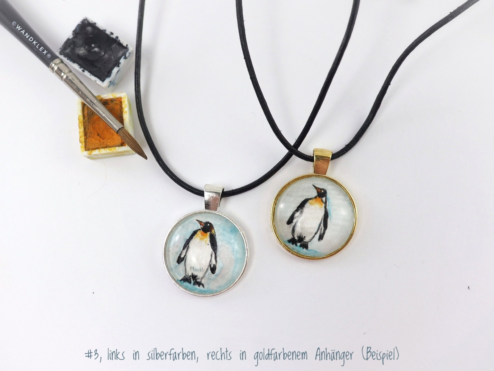 handgemalt Aquarell Pinguin eingearbeitet in Anhänger Edelstahl oder Echt 925 Sterling Silber Halskette 10
