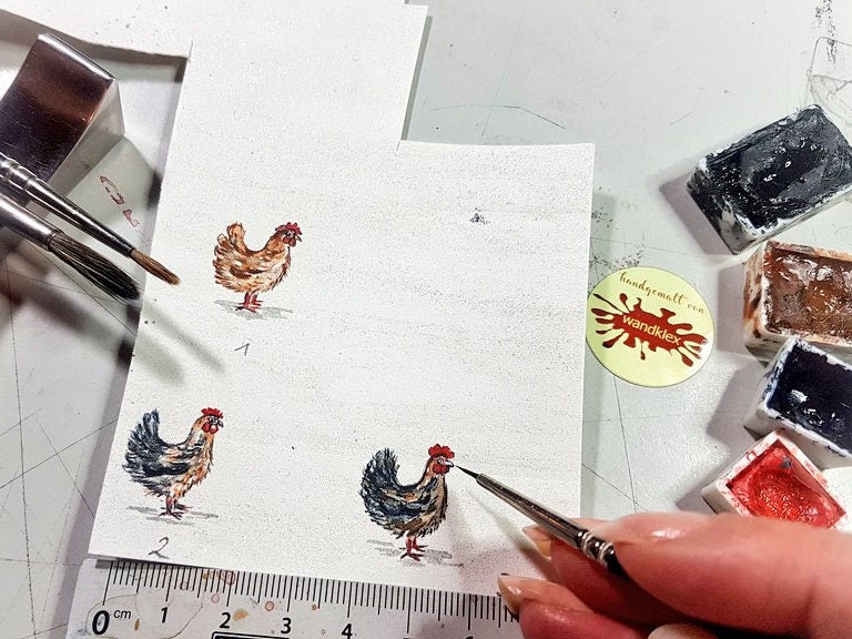 Miniatur-Aquarell handgemalt Motiv Huhn mehrere Materialvarianten 7