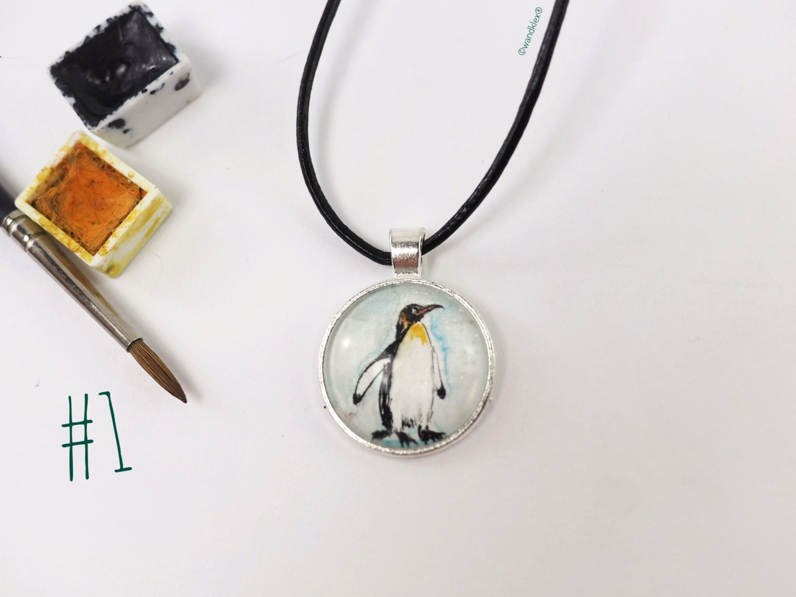 handgemalt Aquarell Pinguin eingearbeitet in Anhänger Edelstahl oder Echt 925 Sterling Silber Halskette 8