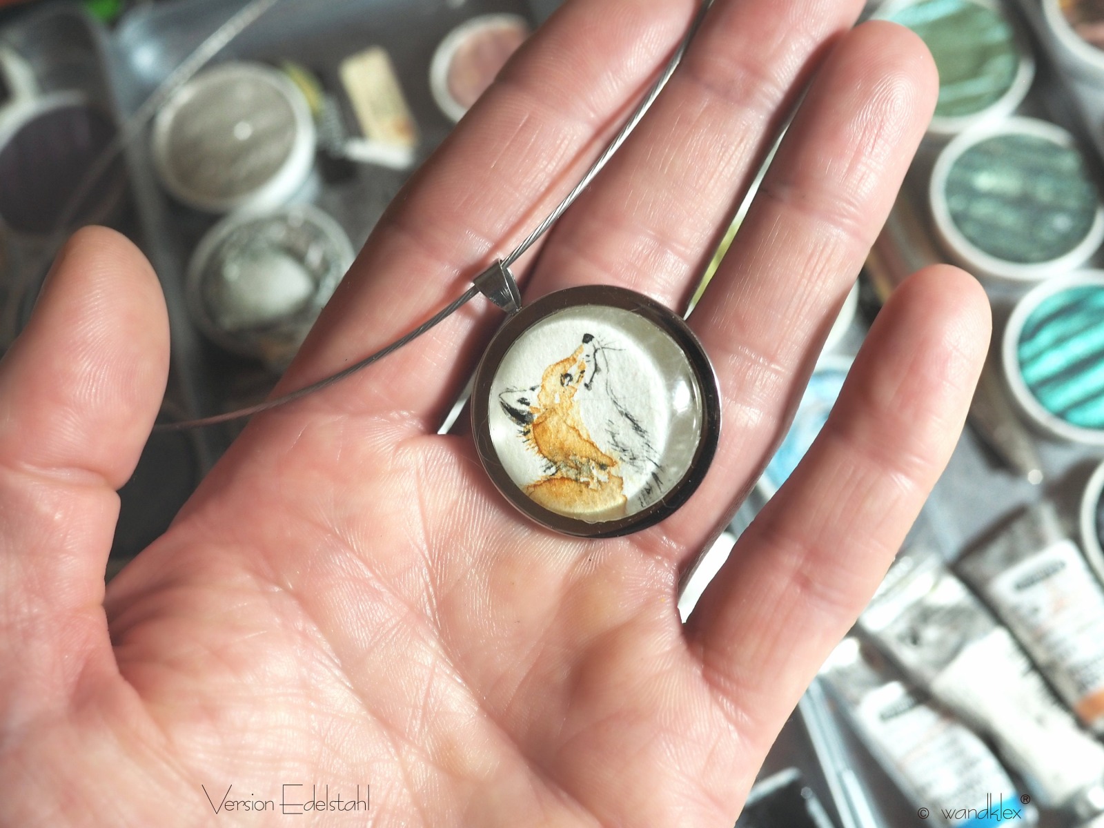 der Kopf-Hoch-Fuchs am Hals: Original Miniatur-Aquarell Edelstahl oder Echt Sterling Silber 8