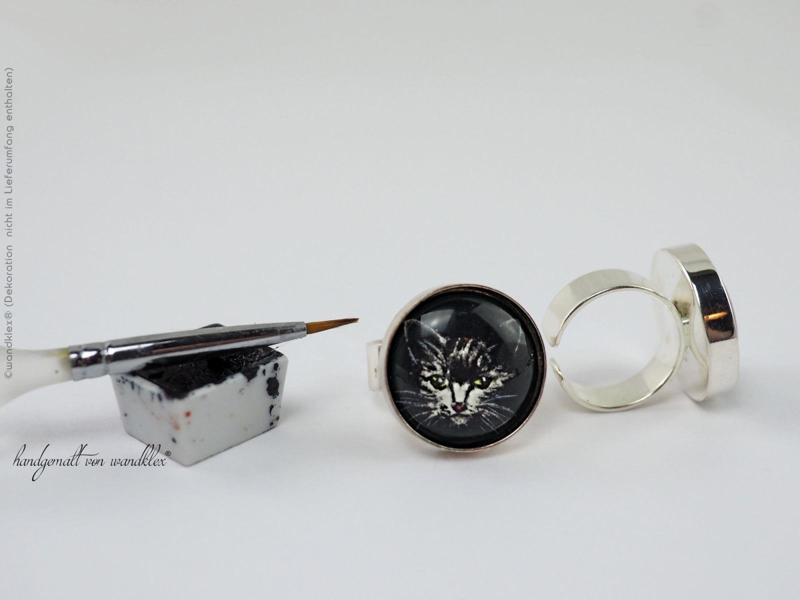 handgemalt schwarze Katze Schmuck Aquarell Original in Halsschmuck Ring oder Armreif Echt 925 Sterling Silber oder Edelstahl 8