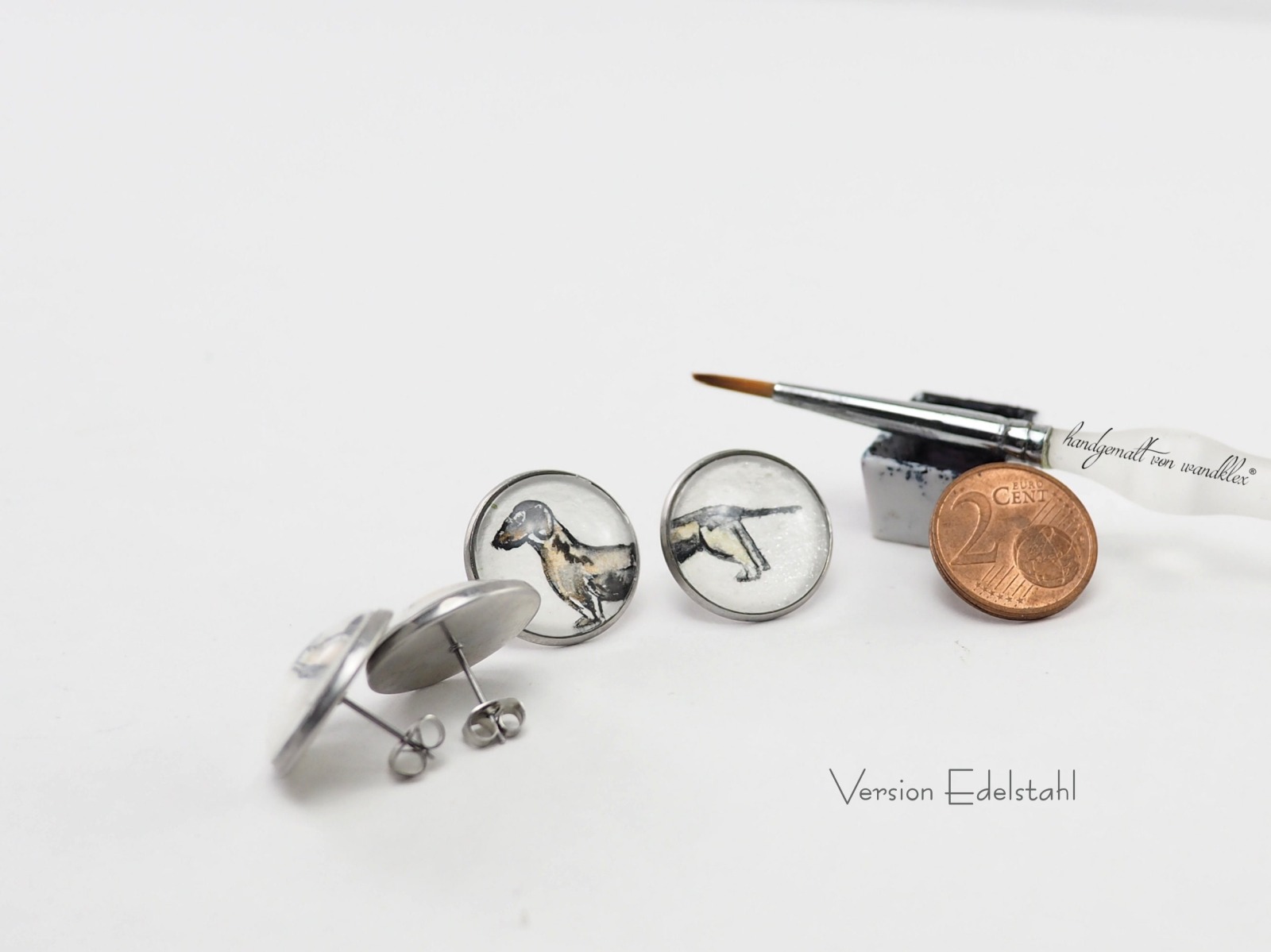 handgemalt halbe Dackel Ohrstecker oder Ohrhänger in Edelstahl oder Echtsilber, Original Mini