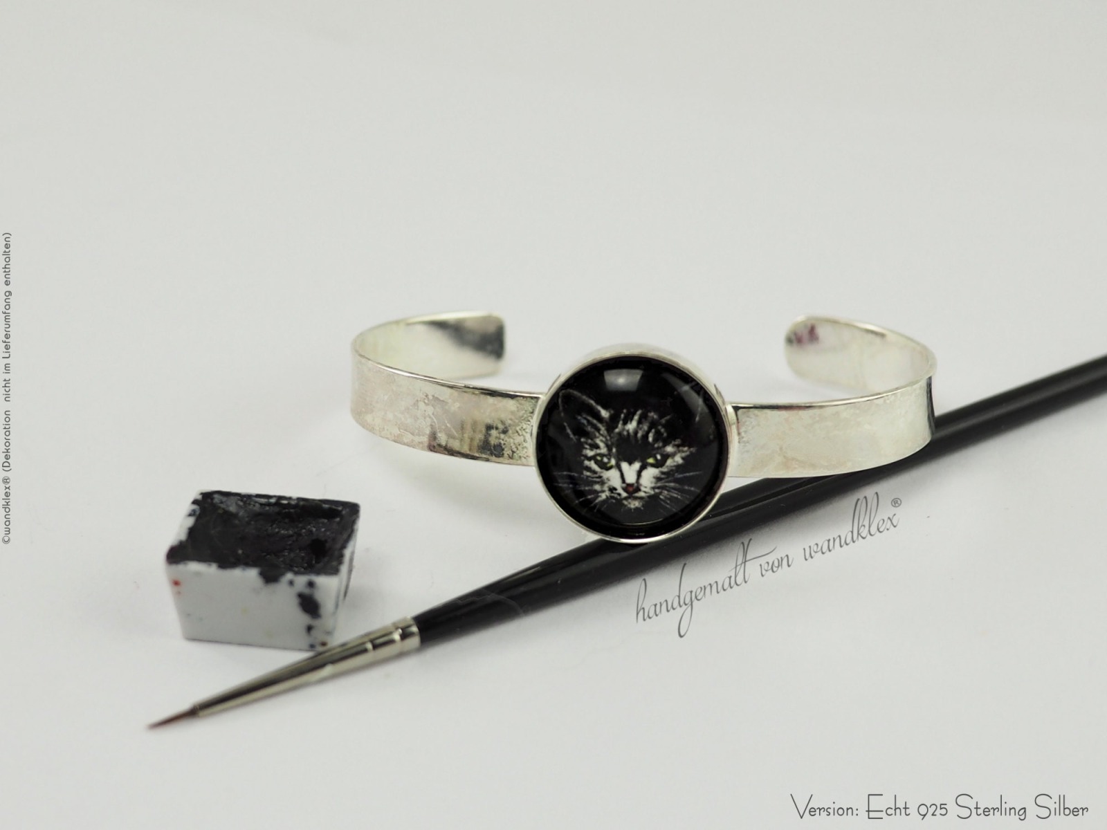 handgemalt schwarze Katze Schmuck Aquarell Original in Halsschmuck Ring oder Armreif Echt 925 Sterling Silber oder Edelstahl 9