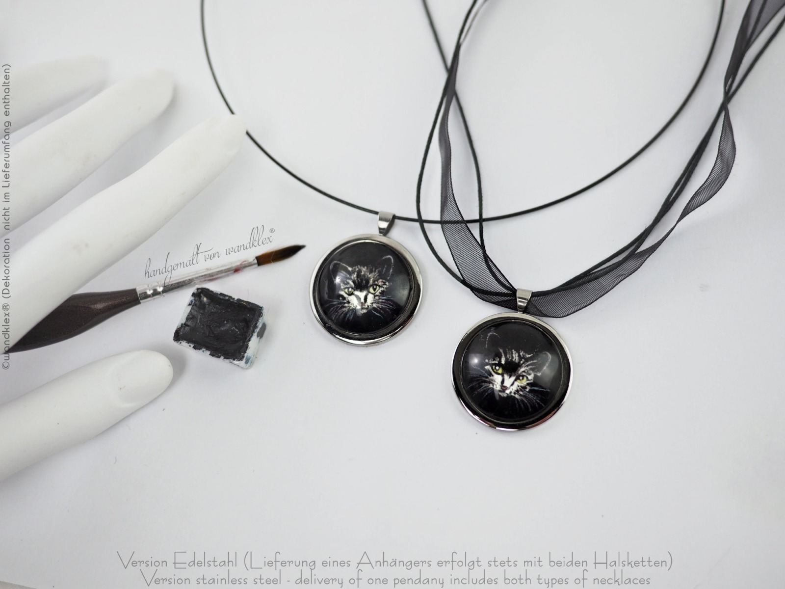 handgemalt schwarze Katze Schmuck Aquarell Original in Halsschmuck Ring oder Armreif Echt 925