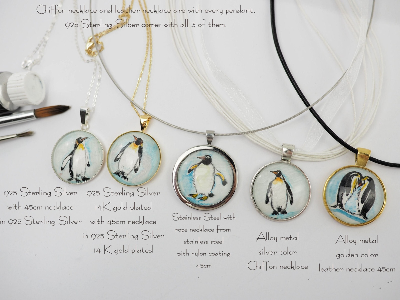 handgemalt Aquarell Pinguin eingearbeitet in Anhänger Edelstahl oder Echt 925 Sterling Silber Halskette 3