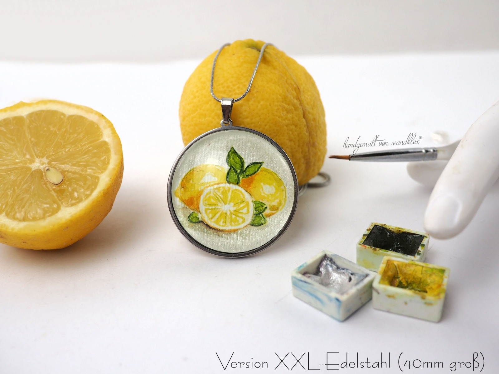 handgemaltes Zitronen Motiv Original Aquarell Anhänger Edelstahl oder Echt Sterling Silber Limone 5
