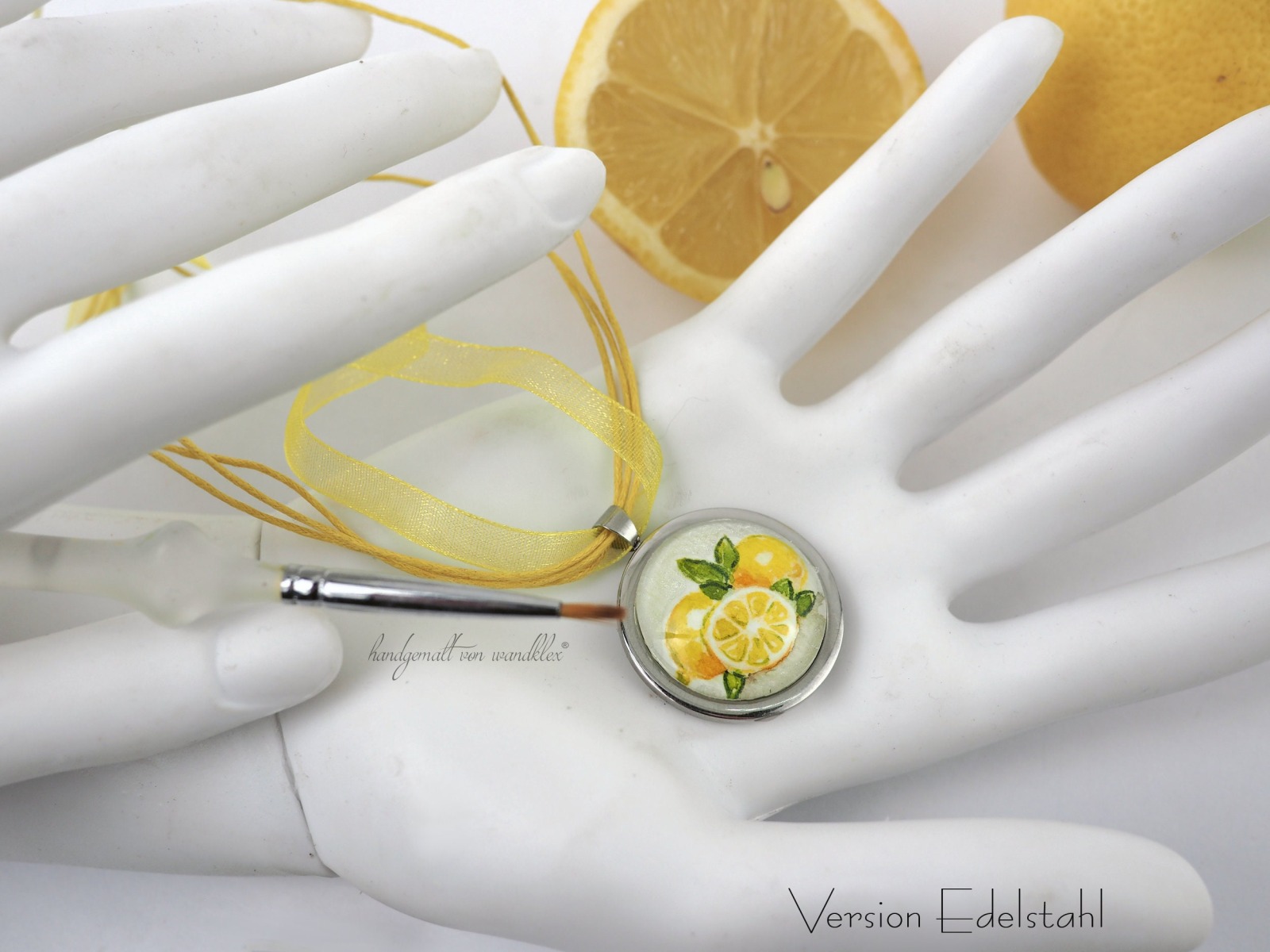 handgemaltes Zitronen Motiv Original Aquarell Anhänger Edelstahl oder Echt Sterling Silber Limone 7