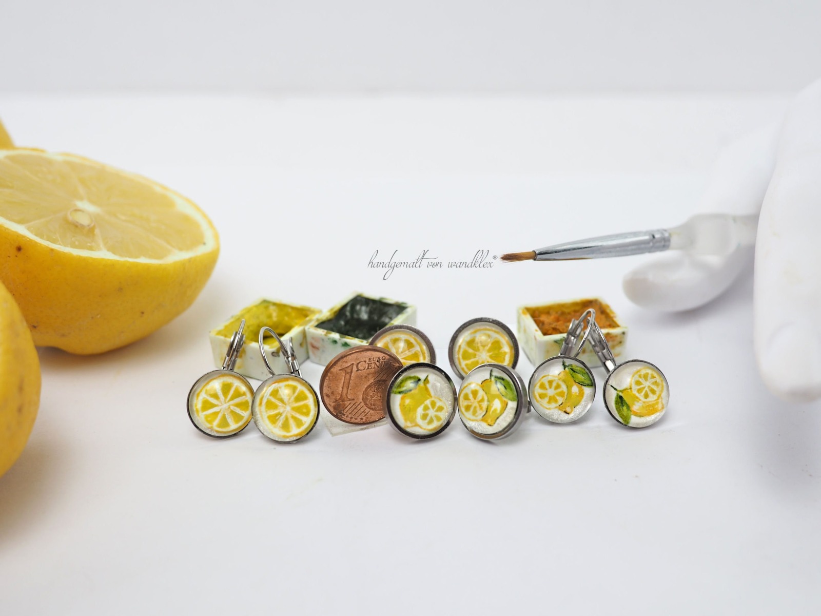 handgemalte Zitronen Motive Original Aquarell Ohrringe oder Ohrstecker aus Edelstahl oder Echtsilber Motivmix möglich