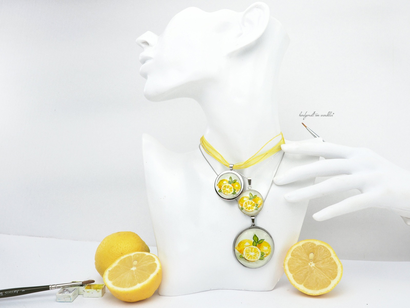 handgemaltes Zitronen Motiv Original Aquarell Anhänger Edelstahl oder Echt Sterling Silber Limone 6