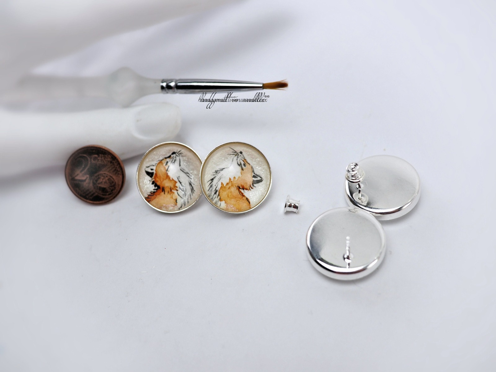 Der Kopf-hoch-Fuchs fürs Ohr handgemalte Miniatur Fuchs inEcht 925 Sterling Silber Originalmalerei