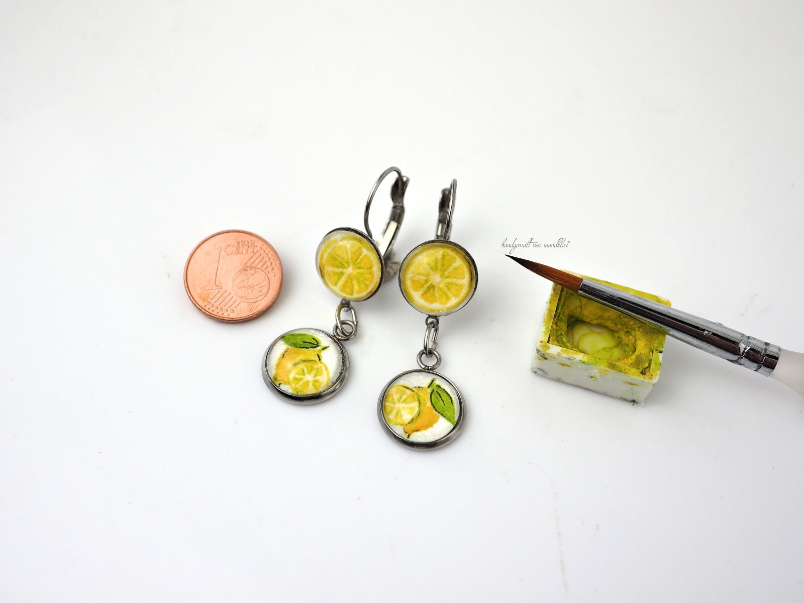 handgemalte Zitronen Motive Original Aquarell Ohrringe oder Ohrstecker aus Edelstahl oder Echtsilber Motivmix möglich 7