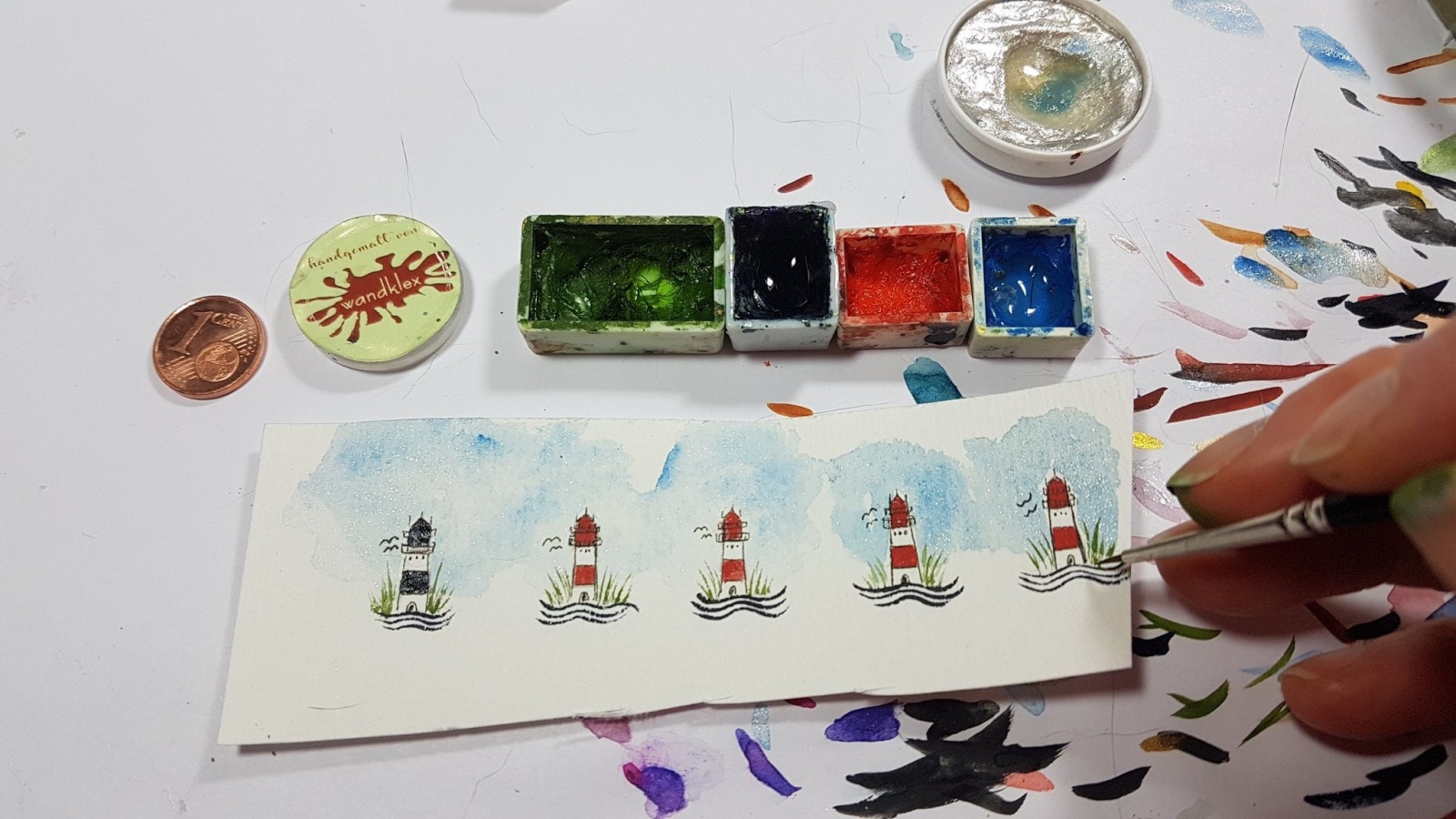 handgemalt, Leuchttürme und maritime Druckknopfmotive f + Schiffsruder-Anhänger mit