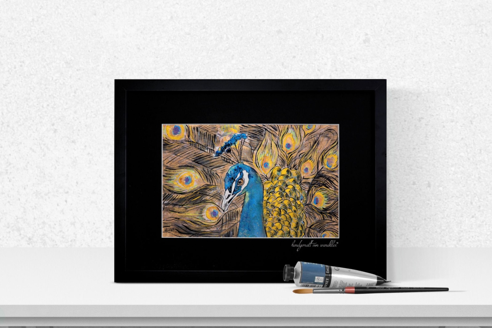 Originalbild Pfau gerahmt Aquarell Metallicaquarellfarbe und Fineliner handgemalt Bild Vogel Kunst