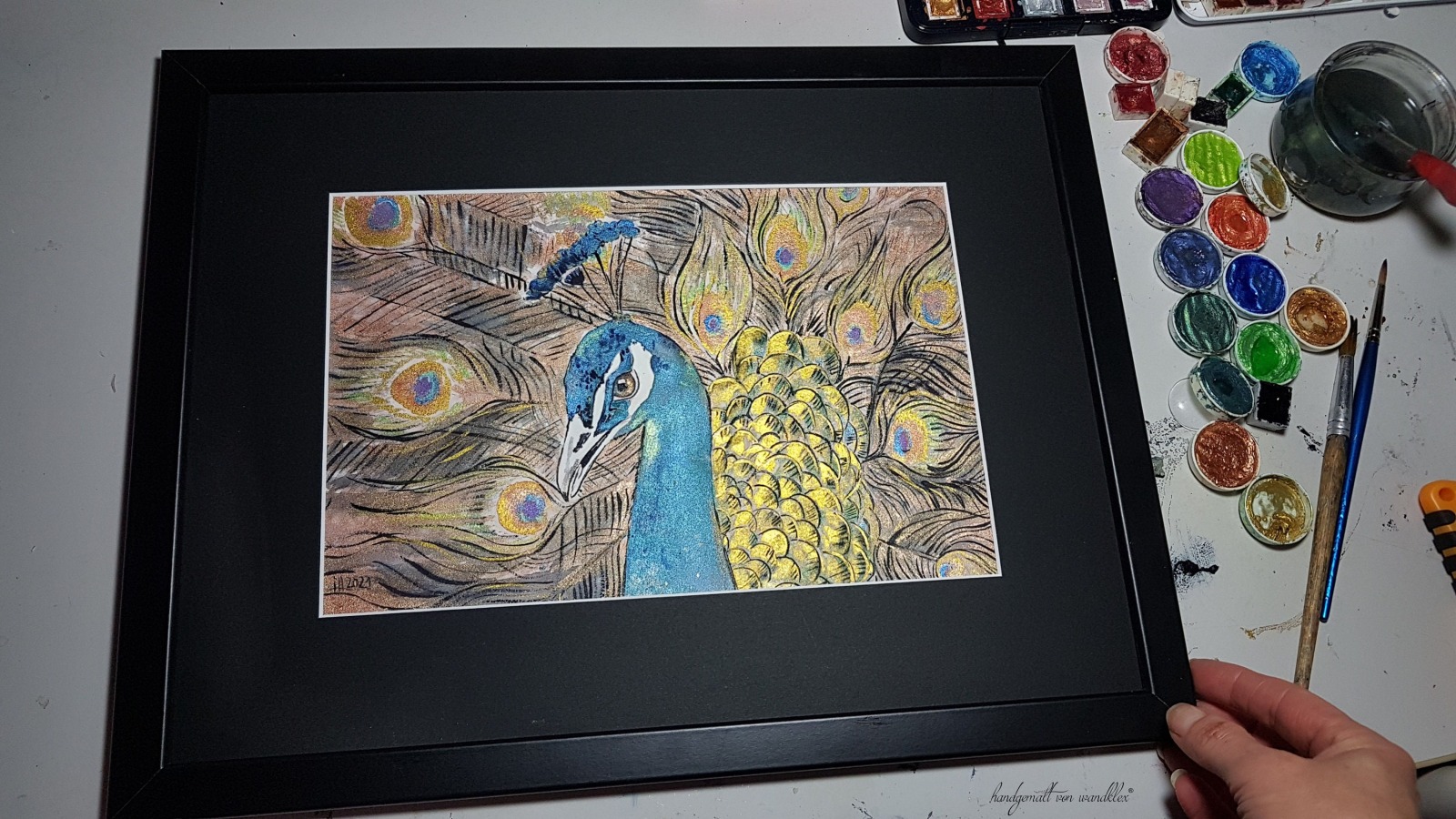 Originalbild Pfau gerahmt Aquarell Metallicaquarellfarbe und Fineliner handgemalt Bild Vogel Kunst Tierbild Illustration Vogel 4