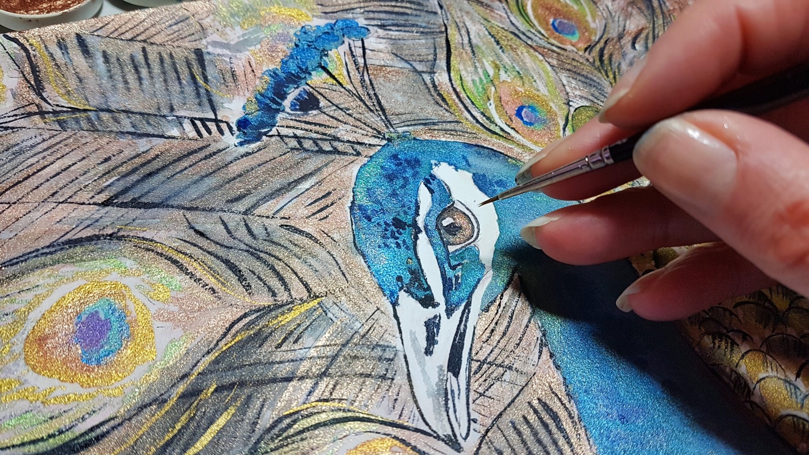 Originalbild Pfau gerahmt Aquarell Metallicaquarellfarbe und Fineliner handgemalt Bild Vogel Kunst Tierbild Illustration Vogel 2