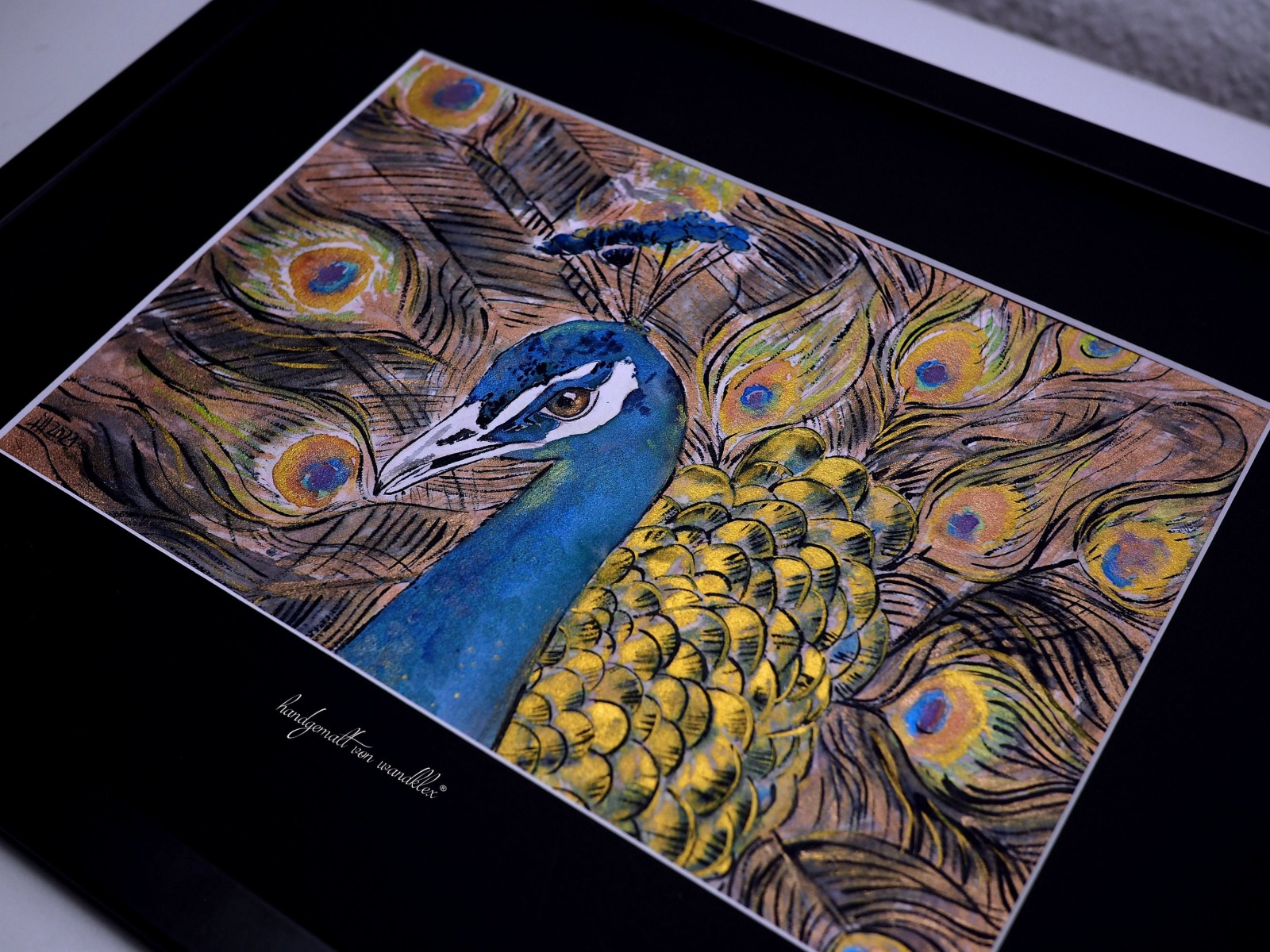 Originalbild Pfau gerahmt Aquarell Metallicaquarellfarbe und Fineliner handgemalt Bild Vogel Kunst Tierbild Illustration Vogel 8