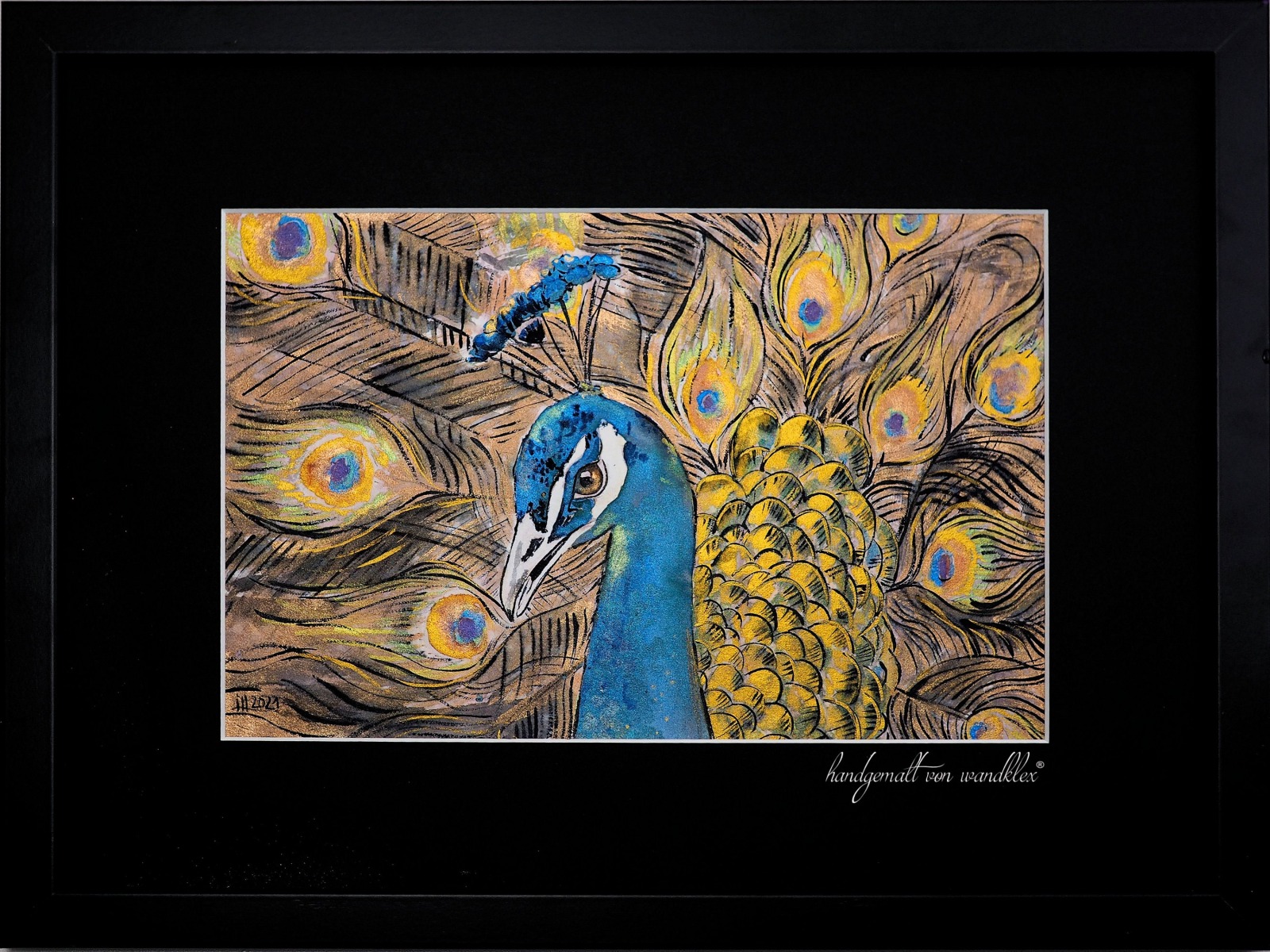 Originalbild Pfau gerahmt Aquarell Metallicaquarellfarbe und Fineliner handgemalt Bild Vogel Kunst Tierbild Illustration Vogel 5