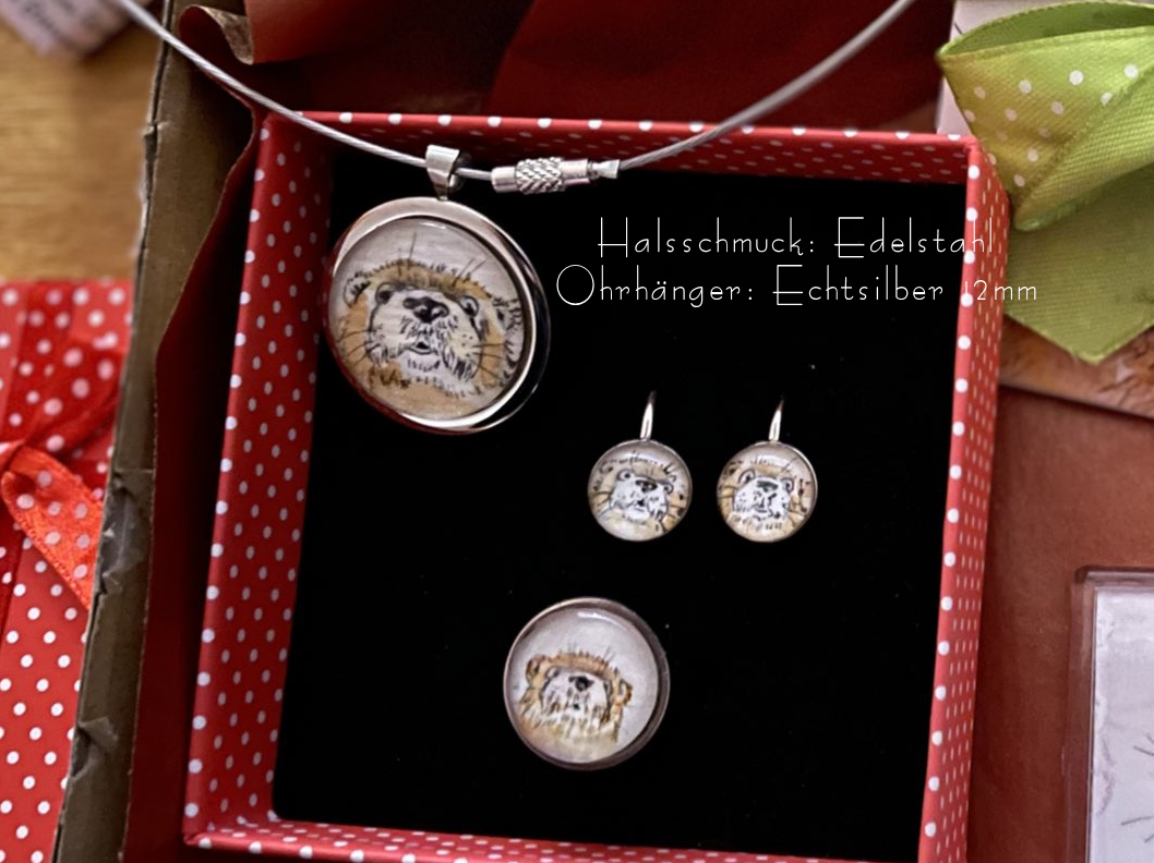 handgemalt Otter Ottokar Motivschmuck in Anhänger Echt SterlingSilber oder Edelstahl Armreif Ring