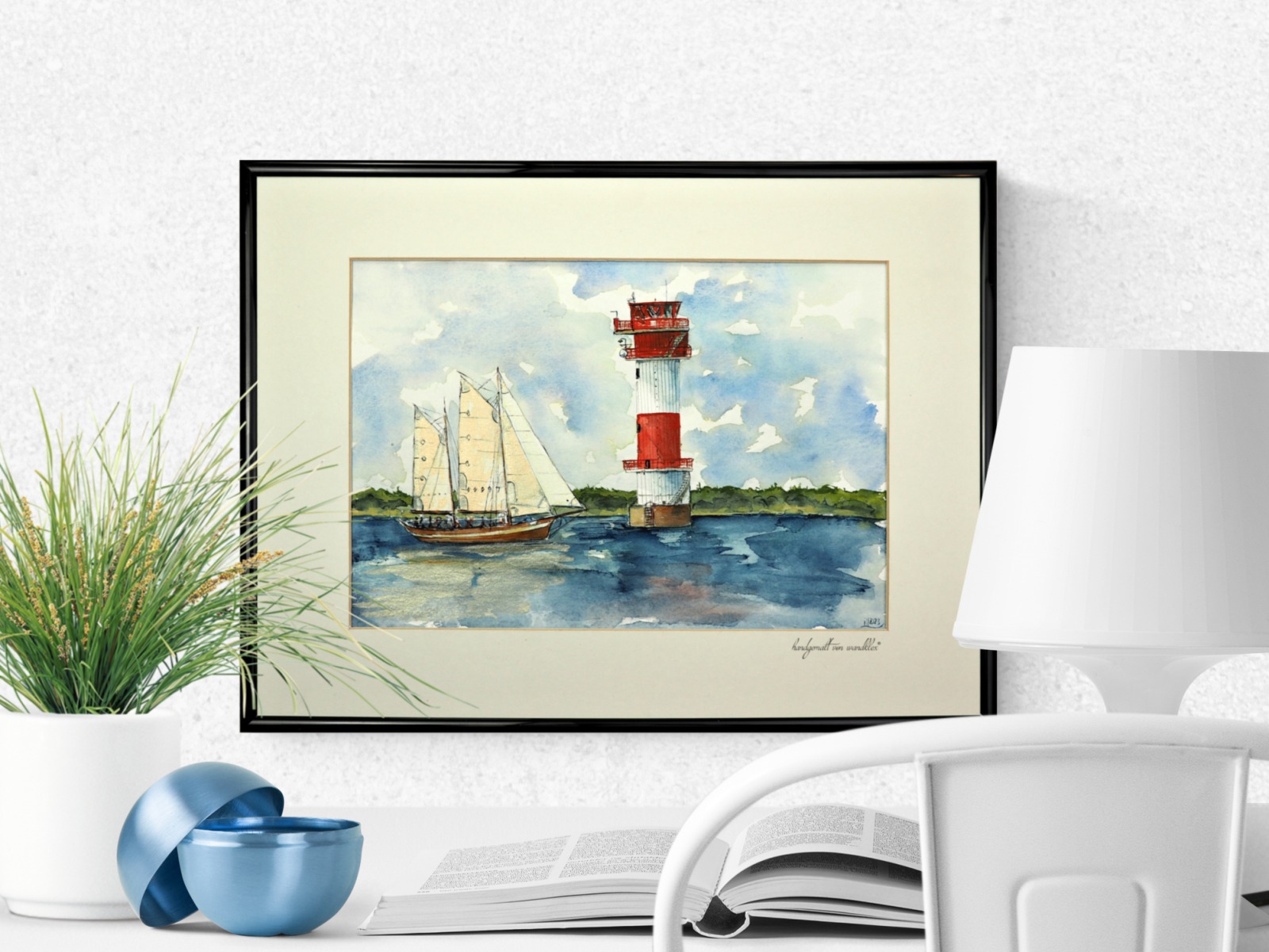 Leuchtturm Kalkgrund Flensburger Förde mit Segelschiff Illustration gerahmte Originalarbeit Mixed