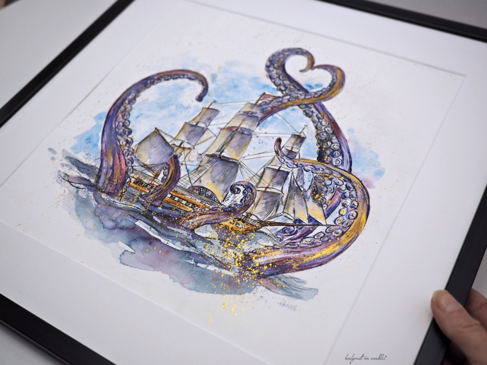 RESERVIERT The Embrace of the Monday - maritimes Seegetümmel mit Kraken Illustration großes handgemaltes gerahmtes Original 4