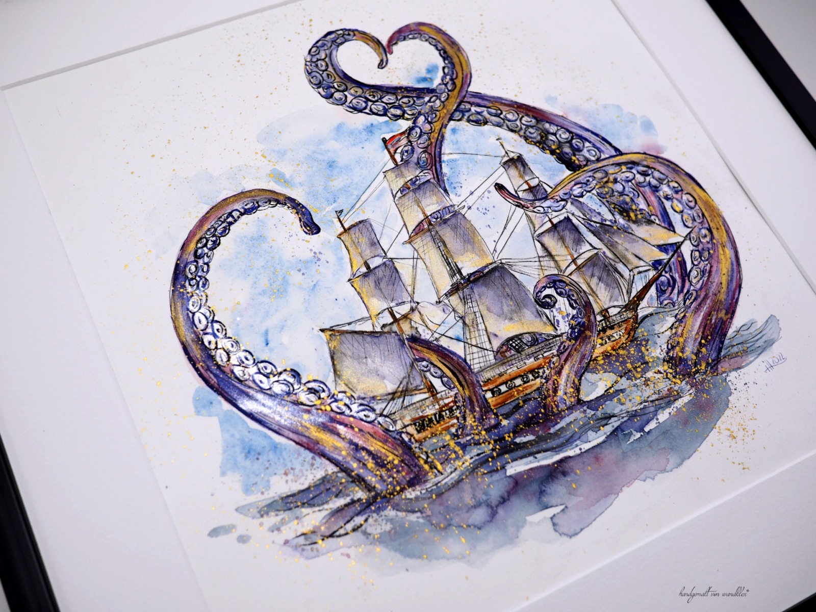 RESERVIERT The Embrace of the Monday - maritimes Seegetümmel mit Kraken Illustration großes handgemaltes gerahmtes Original 9