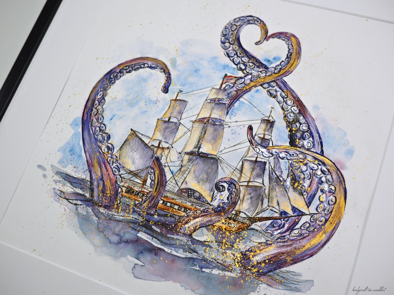 RESERVIERT The Embrace of the Monday - maritimes Seegetümmel mit Kraken Illustration großes handgemaltes gerahmtes Original 3