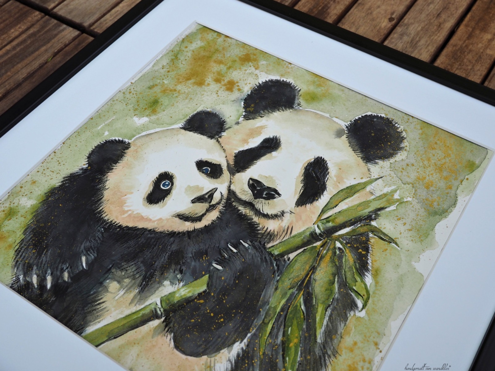 Panda Paar Eltern Kind Illustration großes handgemaltes gerahmtes Original 8