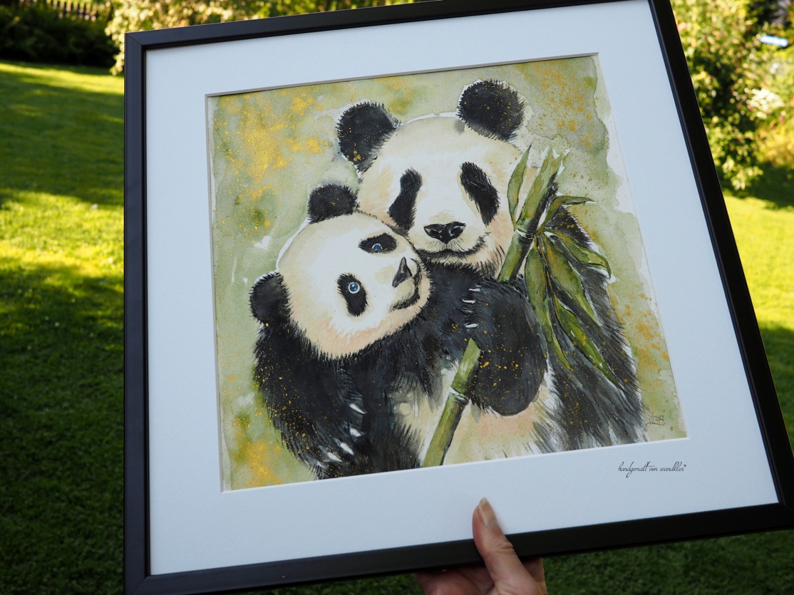 Panda Paar Eltern Kind, Illustration, großes handgemaltes gerahmtes Original 9