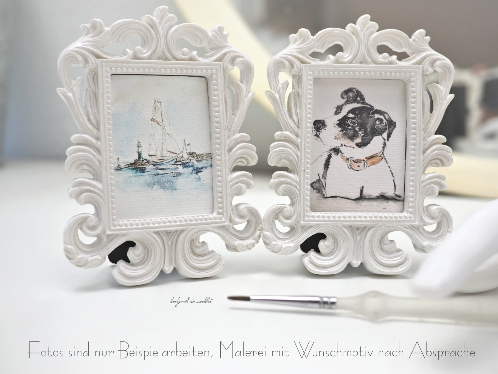 Miniatur-Portrait mit Wunschmotiv 6x4,5 cm in opulentem weißem Mini-Schnörkelrahmen 5