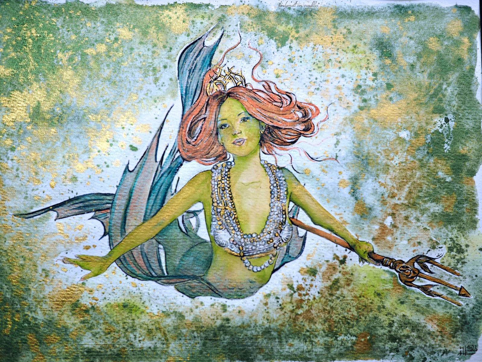 Mermaid Babsi Illustration, gerahmte aufwändige Originalarbeit, Mixed Media Aquarell, Fineliner 8