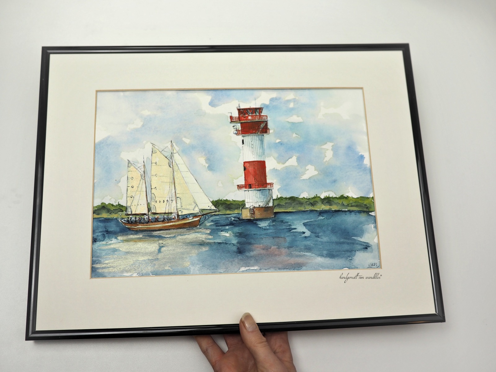 Leuchtturm Kalkgrund Flensburger Förde mit Segelschiff, Illustration, gerahmte Originalarbeit,