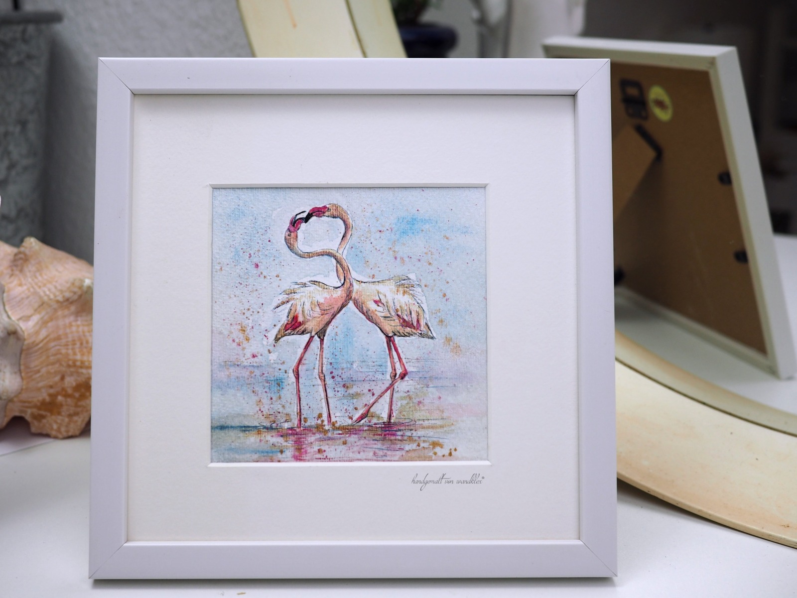Flamingos Schorsch und Toni Aquarell gerahmtes handgemalte Original, Einzelstück 7