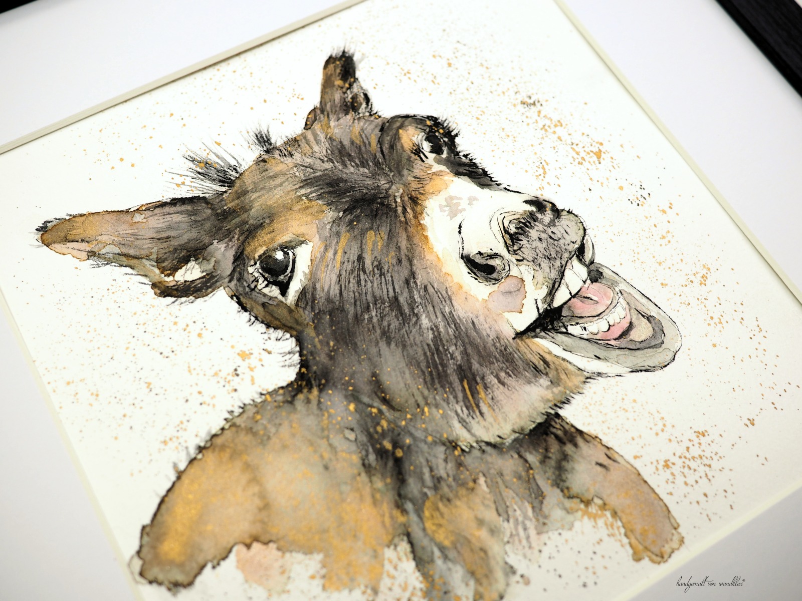 Esel Alfred, Aquarell gerahmtes handgemalte Original, Tierbild, Einzelstück, Rahmenfarbe wählbar