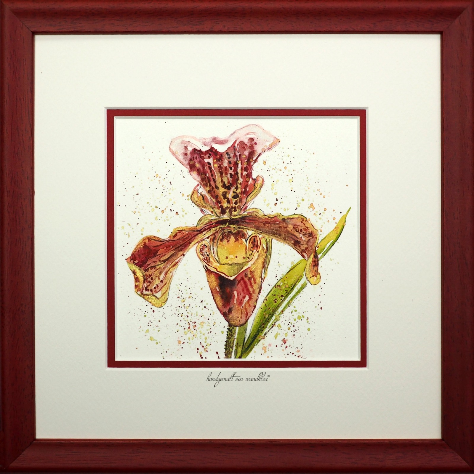 Frauenschuh Orchidee Illustration Aquarell edel gerahmtes handgemaltes Original Blumenbild