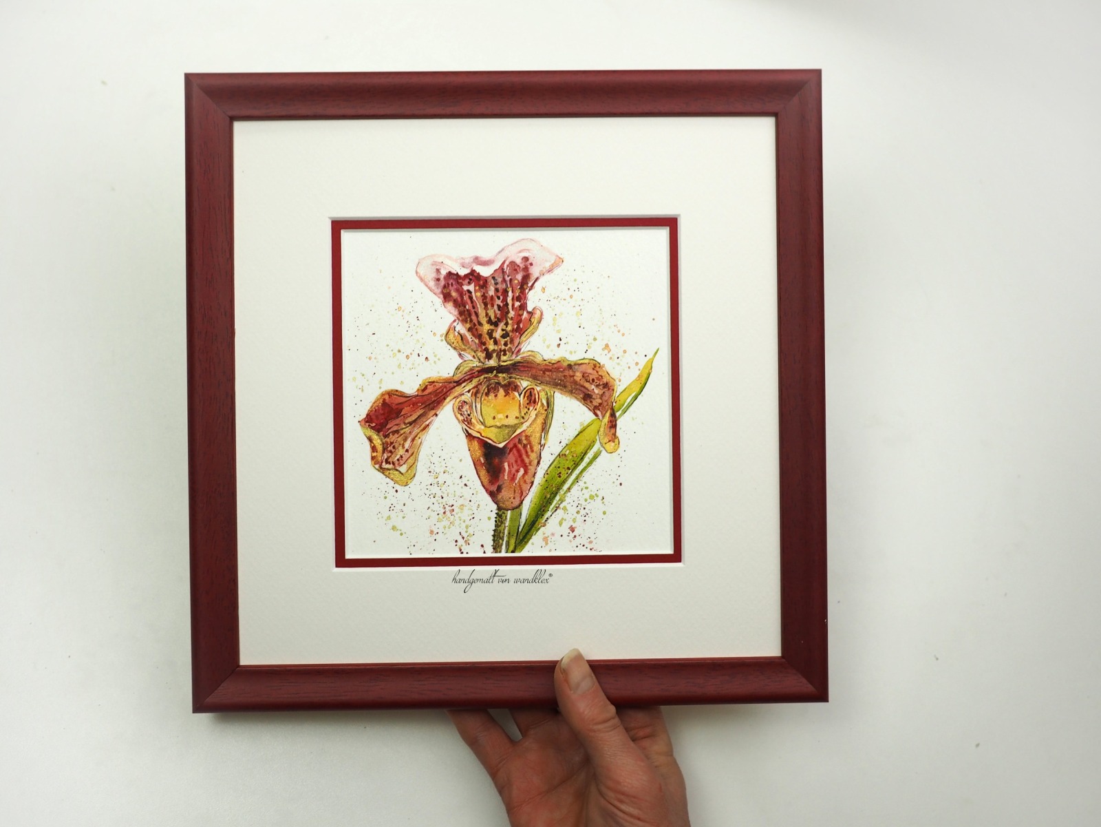 Frauenschuh Orchidee Illustration Aquarell edel gerahmtes handgemaltes Original Blumenbild
