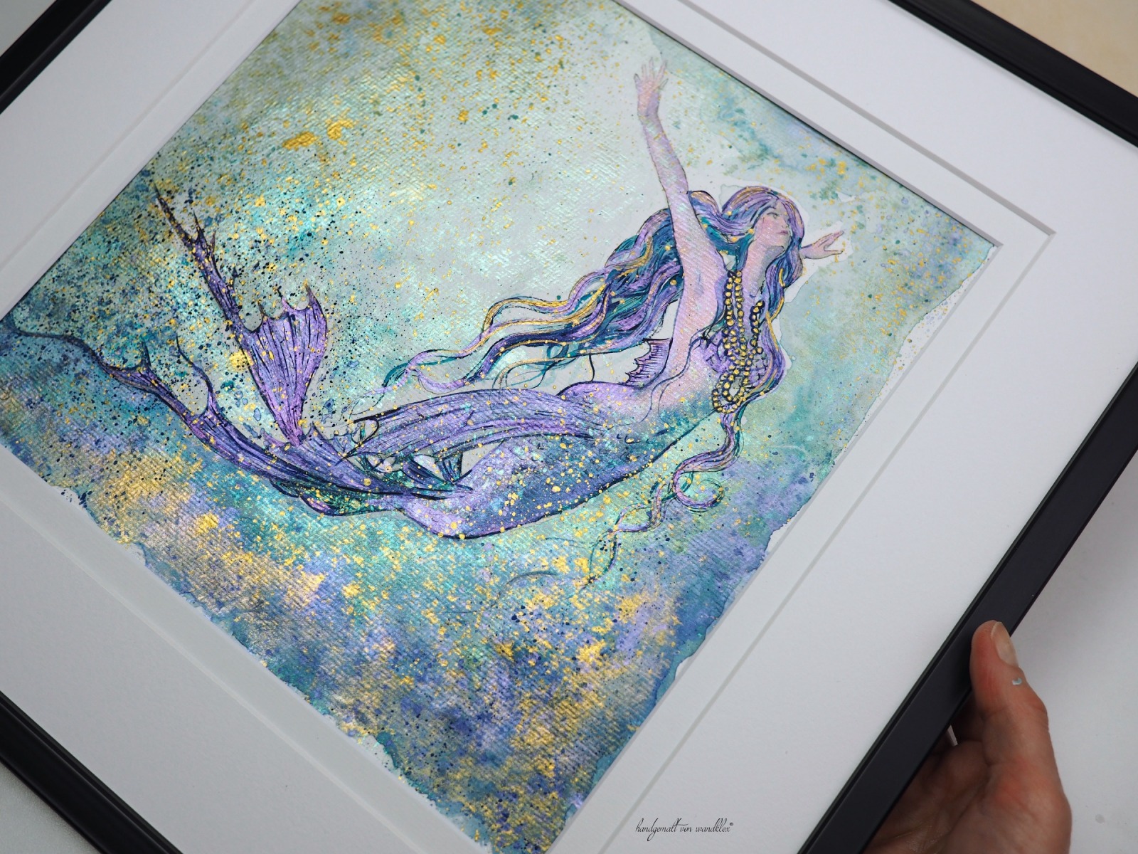 Mermaid Luzia, Illustration, gerahmte aufwändige Originalarbeit, Mixed Media Aquarell, Fineliner 3