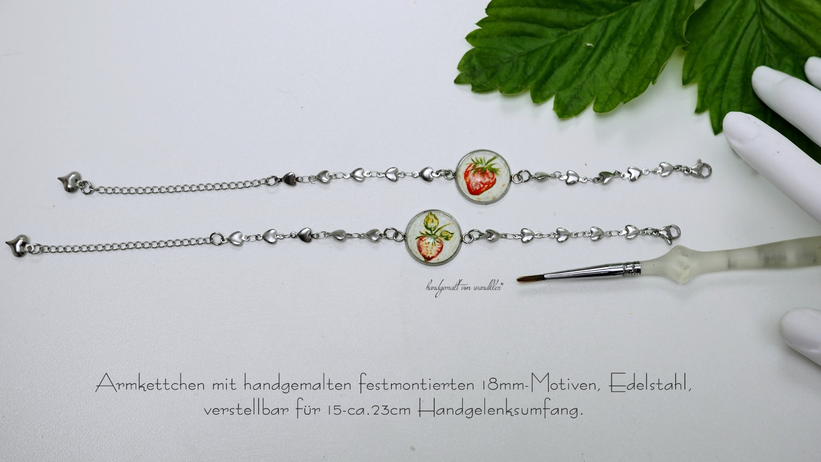 handgemalte Erdbeer-Motive Original Aquarell wahlweise Hals- oder Armschmuck oder Ohrringe/stecker 5
