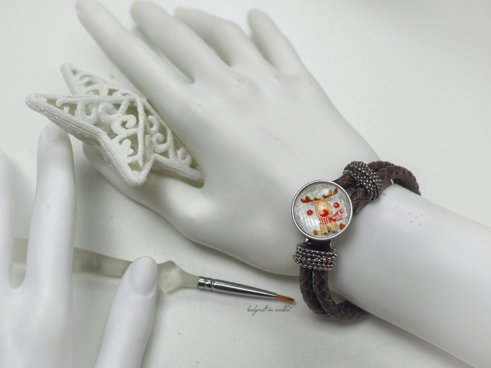 Elch-Edition Armband aus geflochtenem elchbraunem Leder, Motiv zum Wechseln Druckknopfsystem