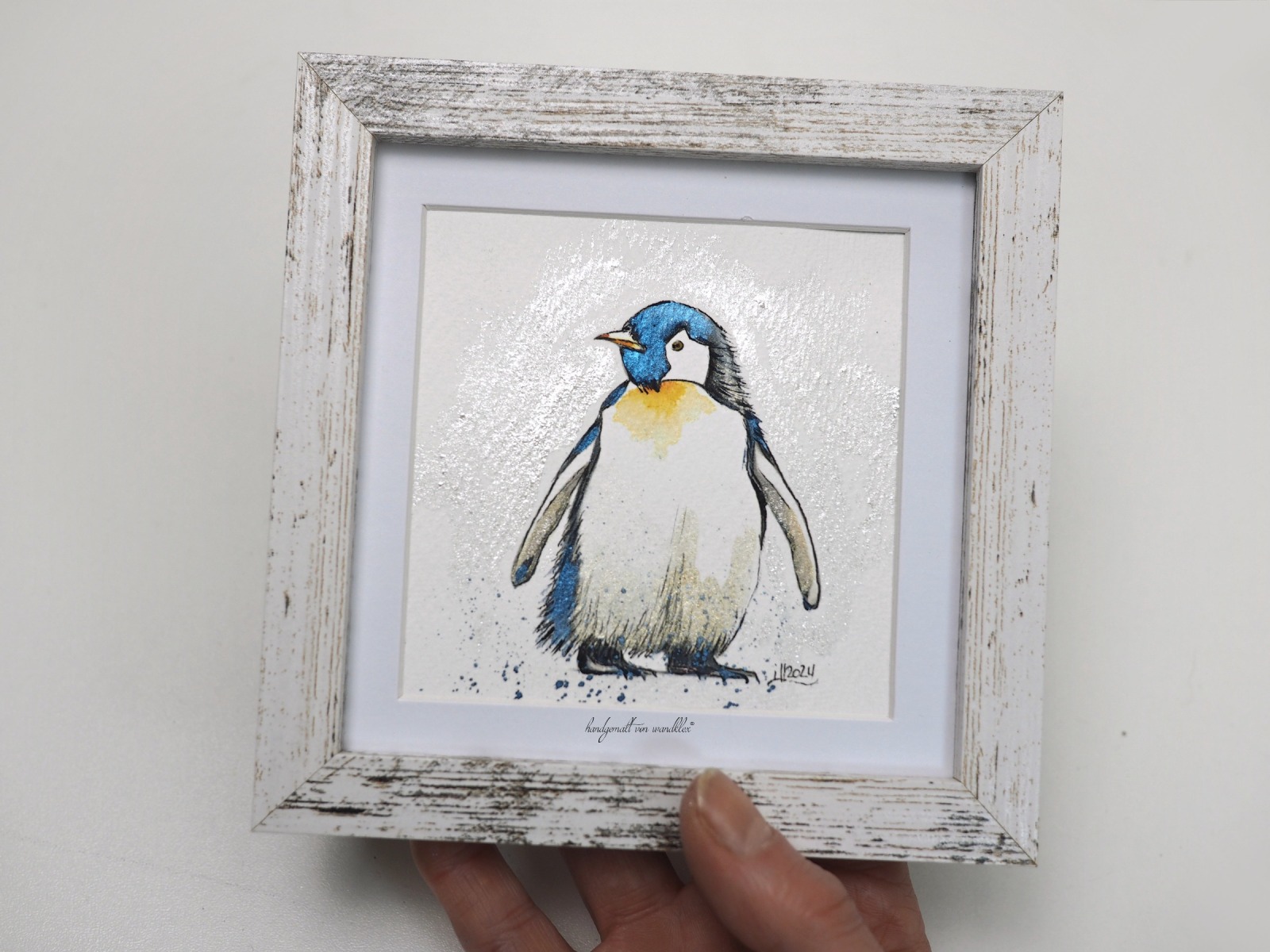 Pinguin Illustration handgemalt, gerahmt in MInirahmen 2