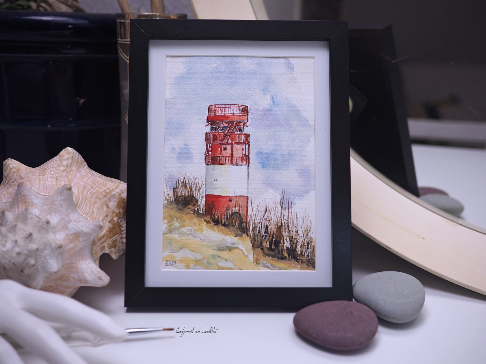 Leuchtturm Helgoland Düne Illustration handgemalt, gerahmt