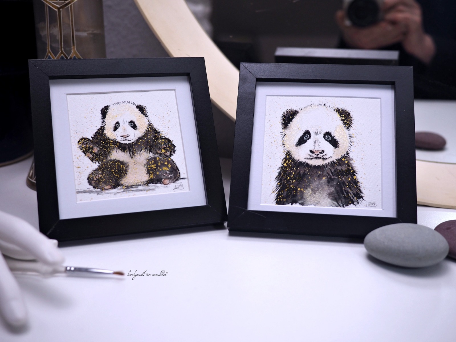 Panda Babys, Illustration handgemalt, gerahmt in Minirahmen