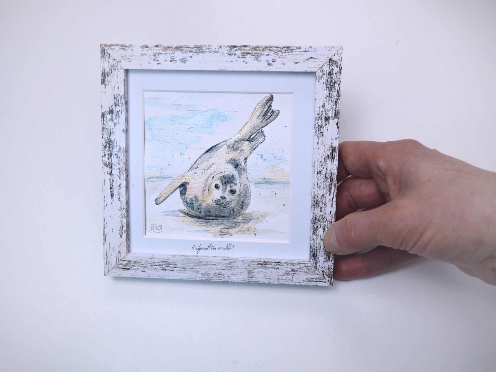 Robben Illustration handgemalt, gerahmt in Minirahmen 5