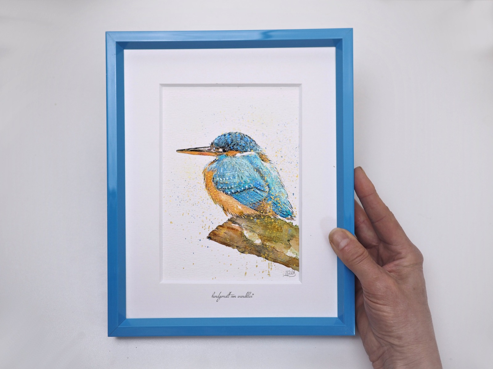 junger Eisvogel,, Aquarell gerahmtes handgemalte Original, Tierbild, Einzelstück, gerahmt