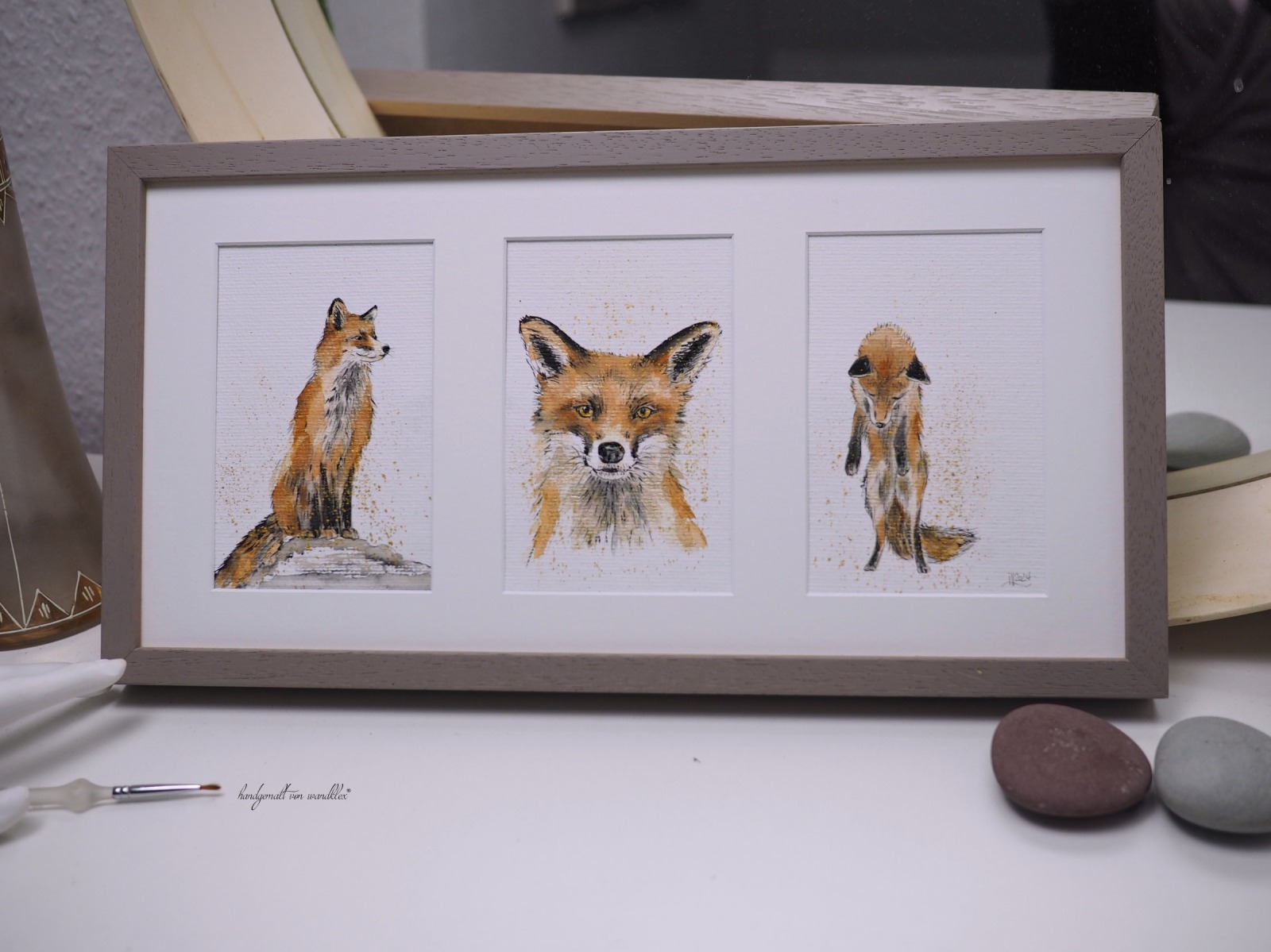 Fuchsstudien, Trio, 3 gemeinsam gerahmte Illustrationen handgemalt 3