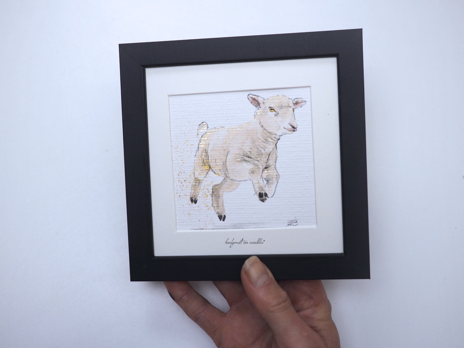 Glückliches kleines Schaf, Illustration handgemalt, gerahmt in Minirahmen 6