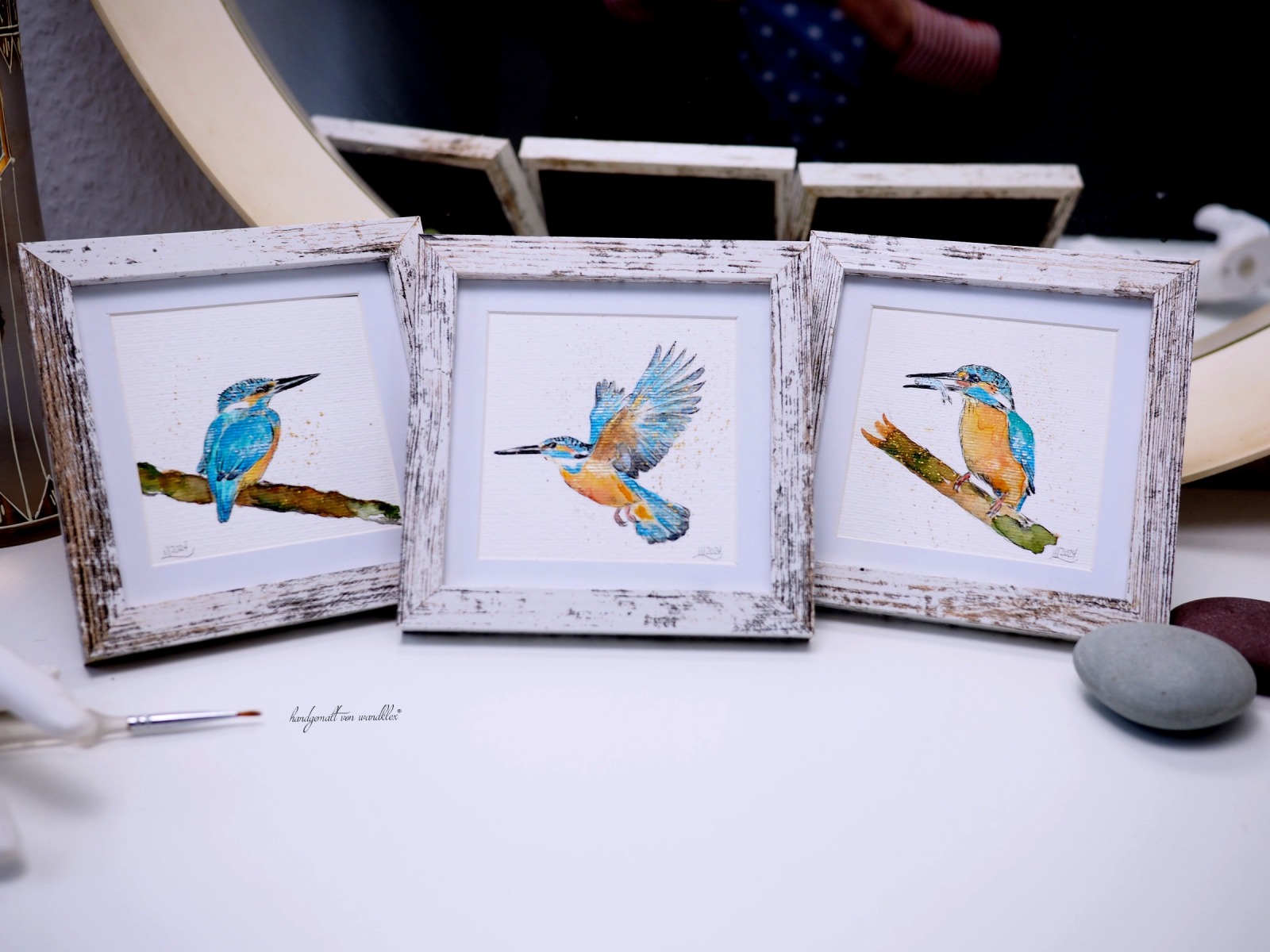 Eisvogel Illustration handgemalt, gerahmt in Minirahmen